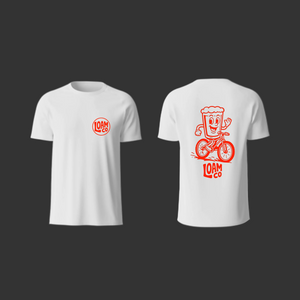 White t-shirt with red graphics on a black background